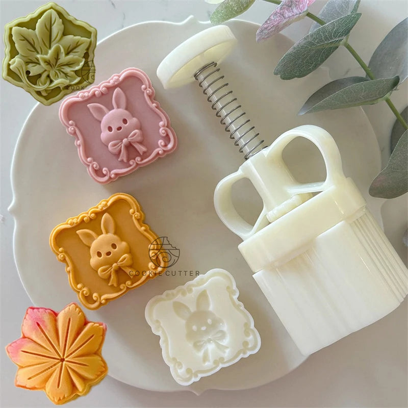 3 Styles Rabbit Leaf Pattern DIY Baking Mooncake Mold Hand Press Pastry Mold for Cake Decor Mid- Autumn Festival Bakeware Tools